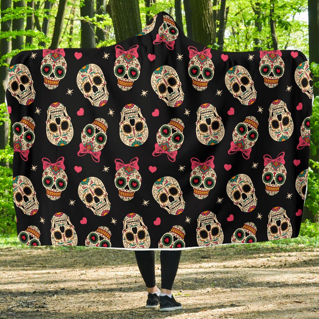 Sugar Skull Pink Bow Themed Print Hooded Blanket-JTAMIGO.COM