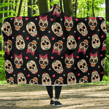 Sugar Skull Pink Bow Themed Print Hooded Blanket-JTAMIGO.COM