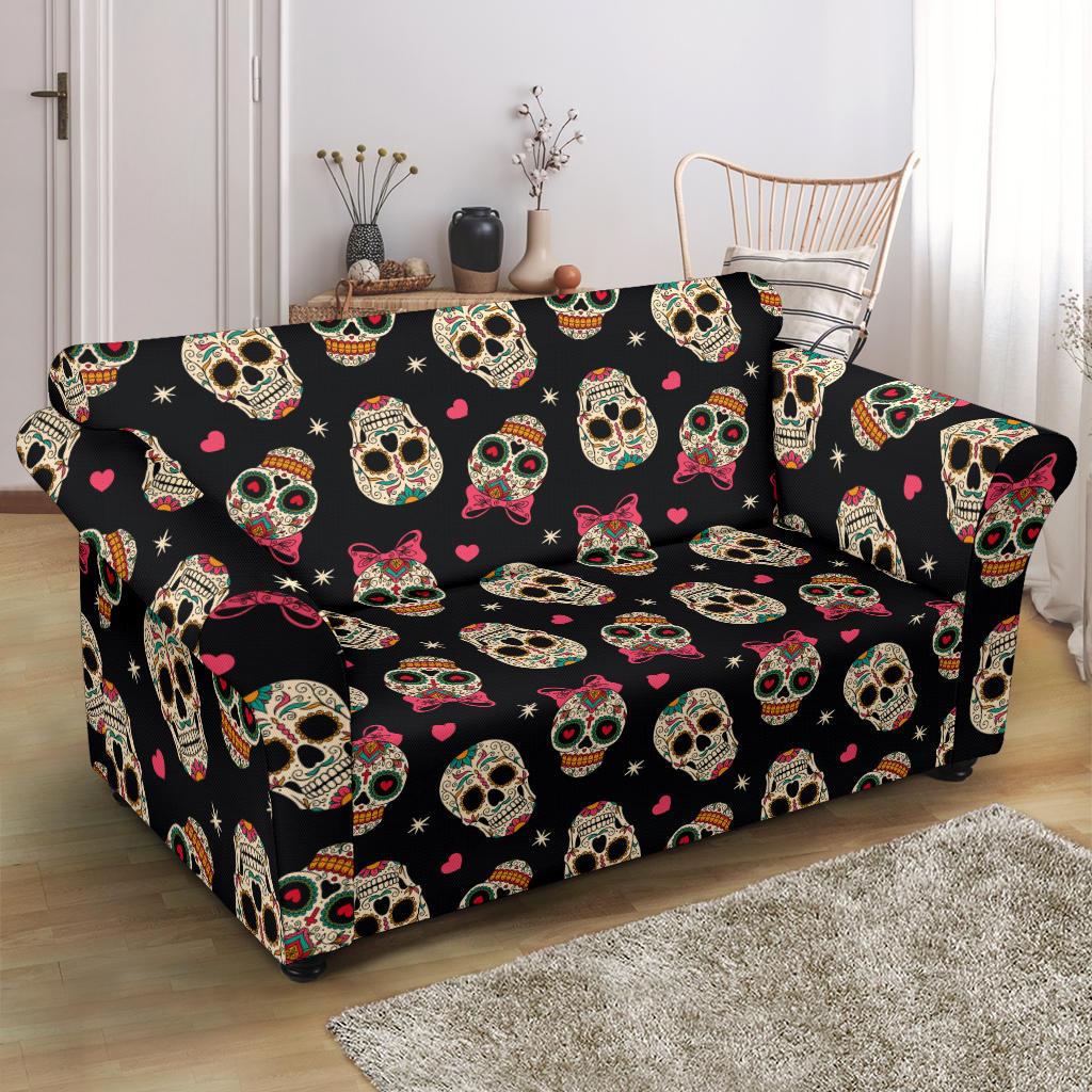 Sugar Skull Pink Bow Themed Print Loveseat Slipcover-JTAMIGO.COM