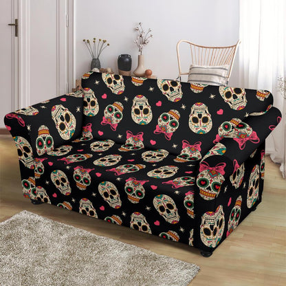 Sugar Skull Pink Bow Themed Print Loveseat Slipcover-JTAMIGO.COM