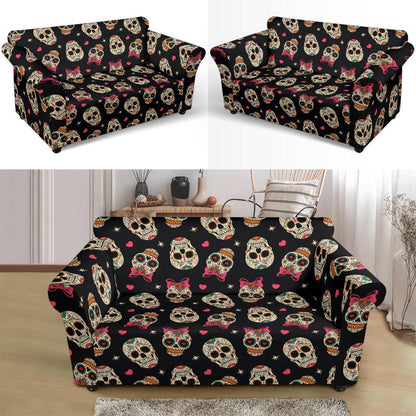 Sugar Skull Pink Bow Themed Print Loveseat Slipcover-JTAMIGO.COM