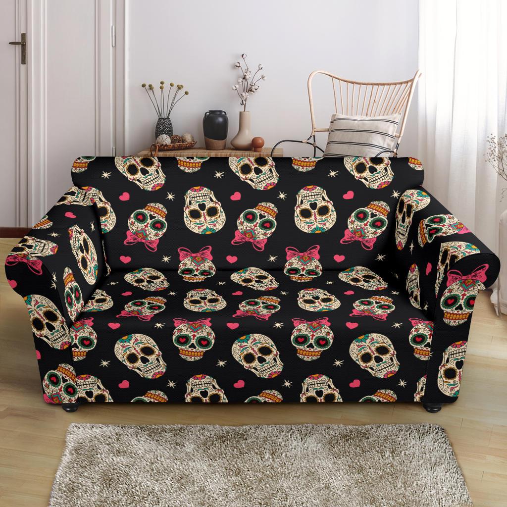 Sugar Skull Pink Bow Themed Print Loveseat Slipcover-JTAMIGO.COM