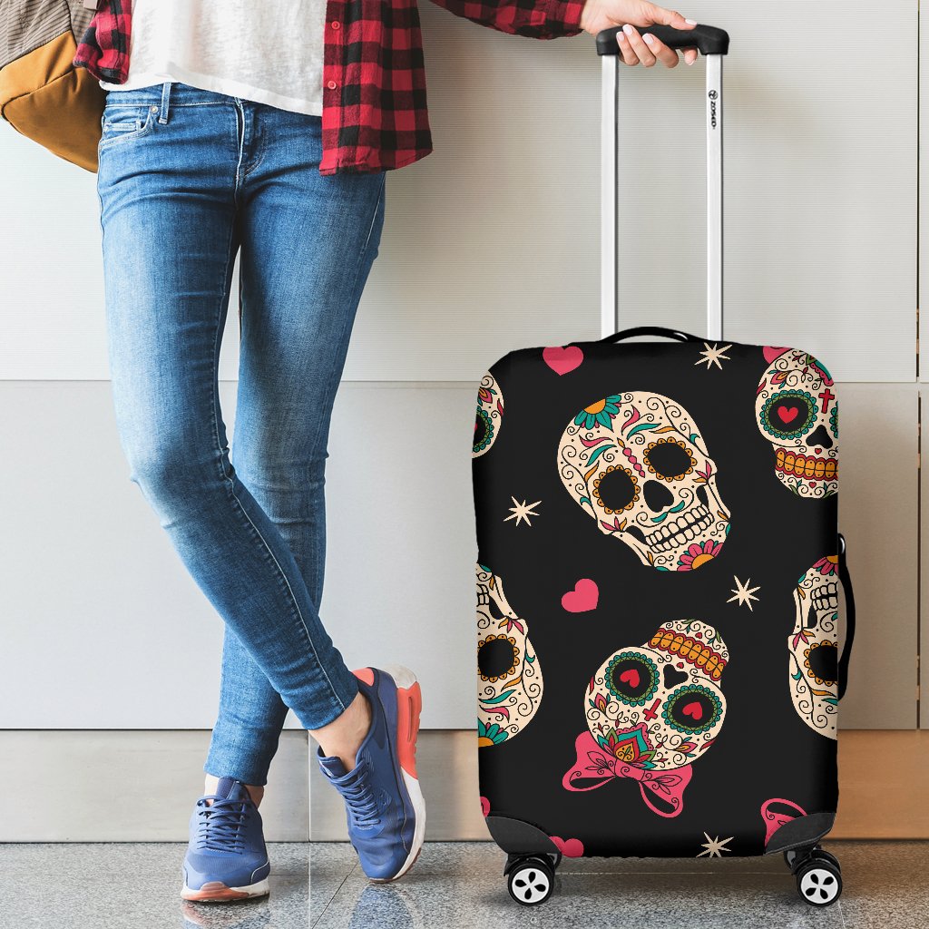 Sugar Skull Pink Bow Themed Print Luggage Cover Protector
