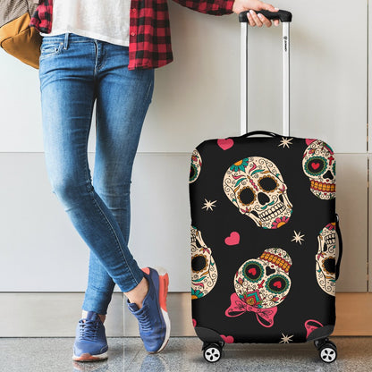 Sugar Skull Pink Bow Themed Print Luggage Cover Protector