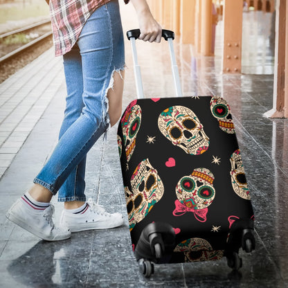 Sugar Skull Pink Bow Themed Print Luggage Cover Protector