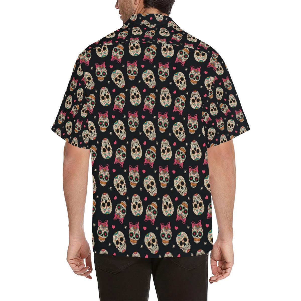 Sugar Skull Pink Bow Themed Print Men Aloha Hawaiian Shirt