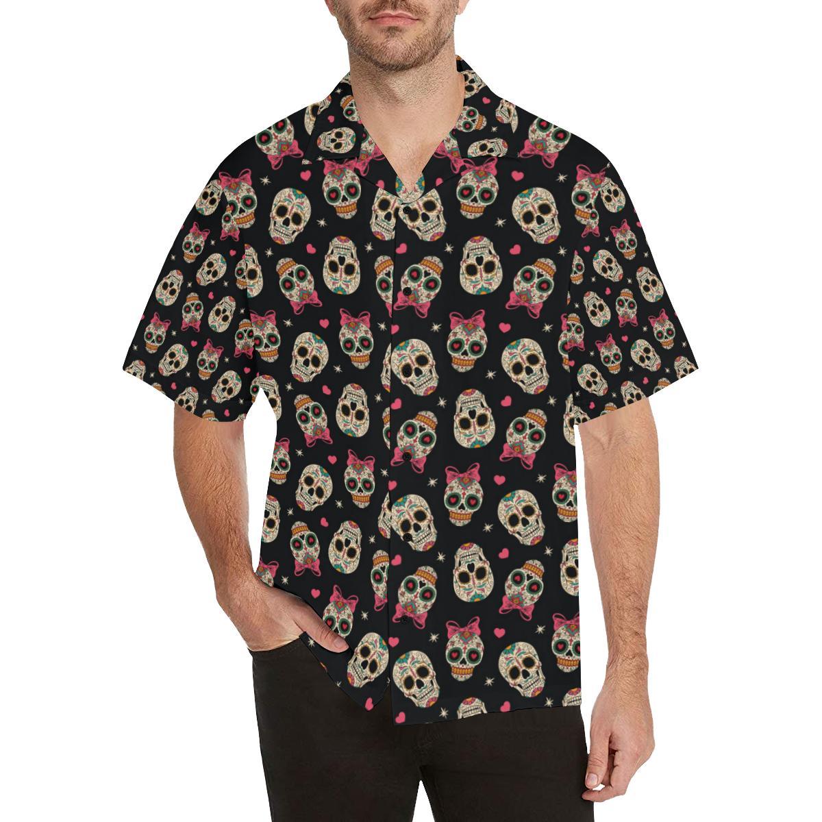 Sugar Skull Pink Bow Themed Print Men Aloha Hawaiian Shirt