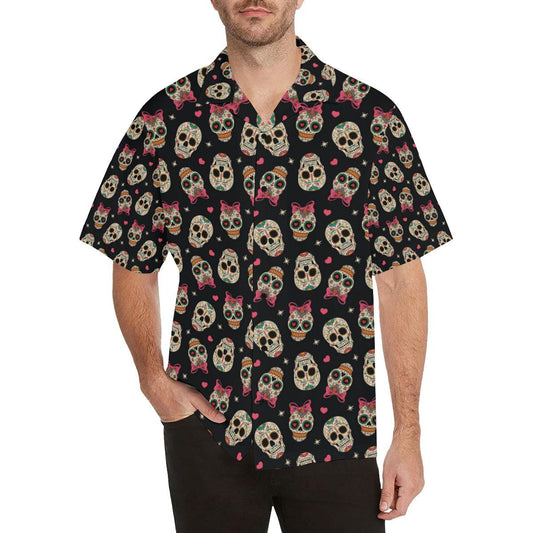 Sugar Skull Pink Bow Themed Print Men Aloha Hawaiian Shirt