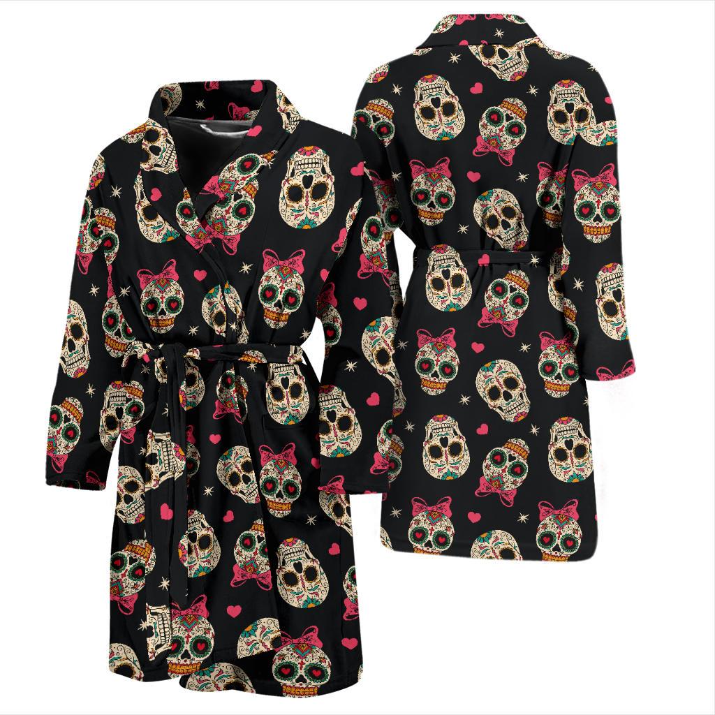 Sugar Skull Pink Bow Themed Print Men Bath Robe-JTAMIGO.COM