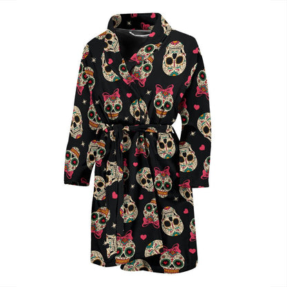 Sugar Skull Pink Bow Themed Print Men Bath Robe-JTAMIGO.COM