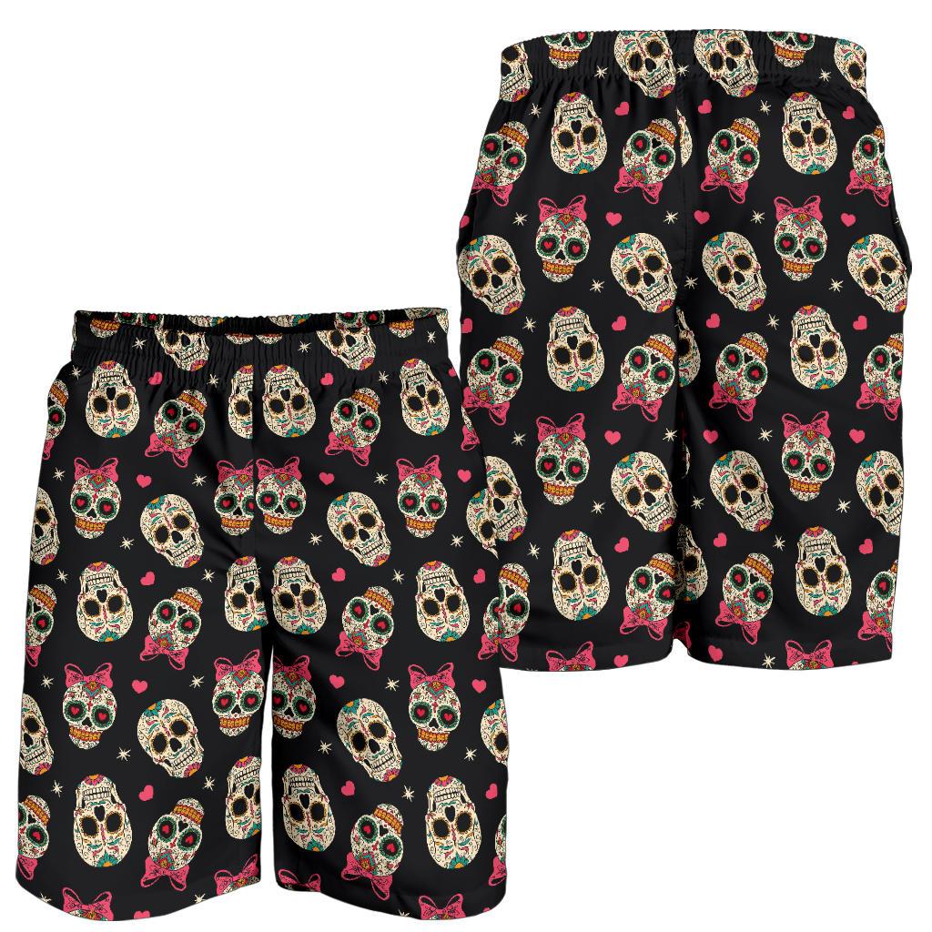 Sugar Skull Pink Bow Themed Print Mens Shorts-JTAMIGO.COM