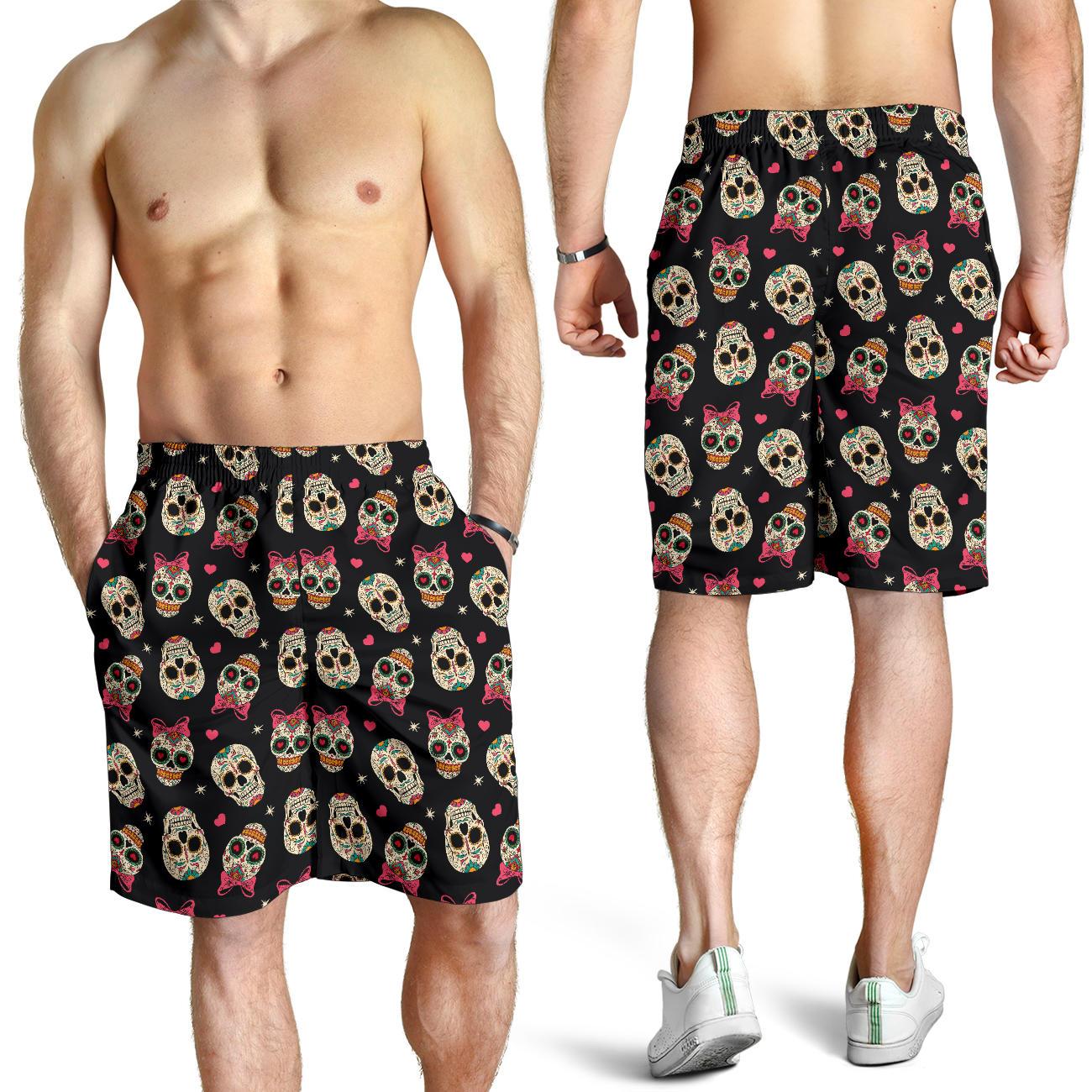 Sugar Skull Pink Bow Themed Print Mens Shorts-JTAMIGO.COM