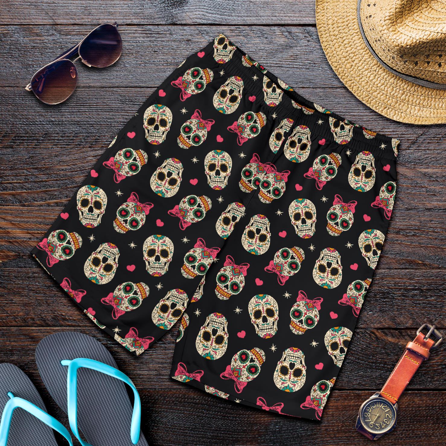 Sugar Skull Pink Bow Themed Print Mens Shorts-JTAMIGO.COM