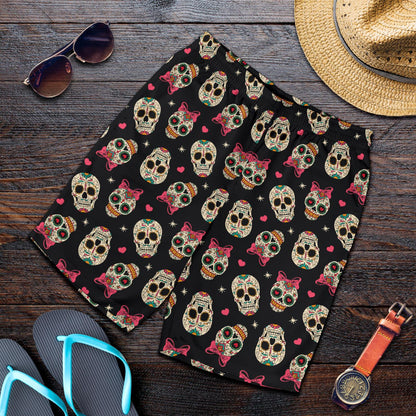 Sugar Skull Pink Bow Themed Print Mens Shorts-JTAMIGO.COM