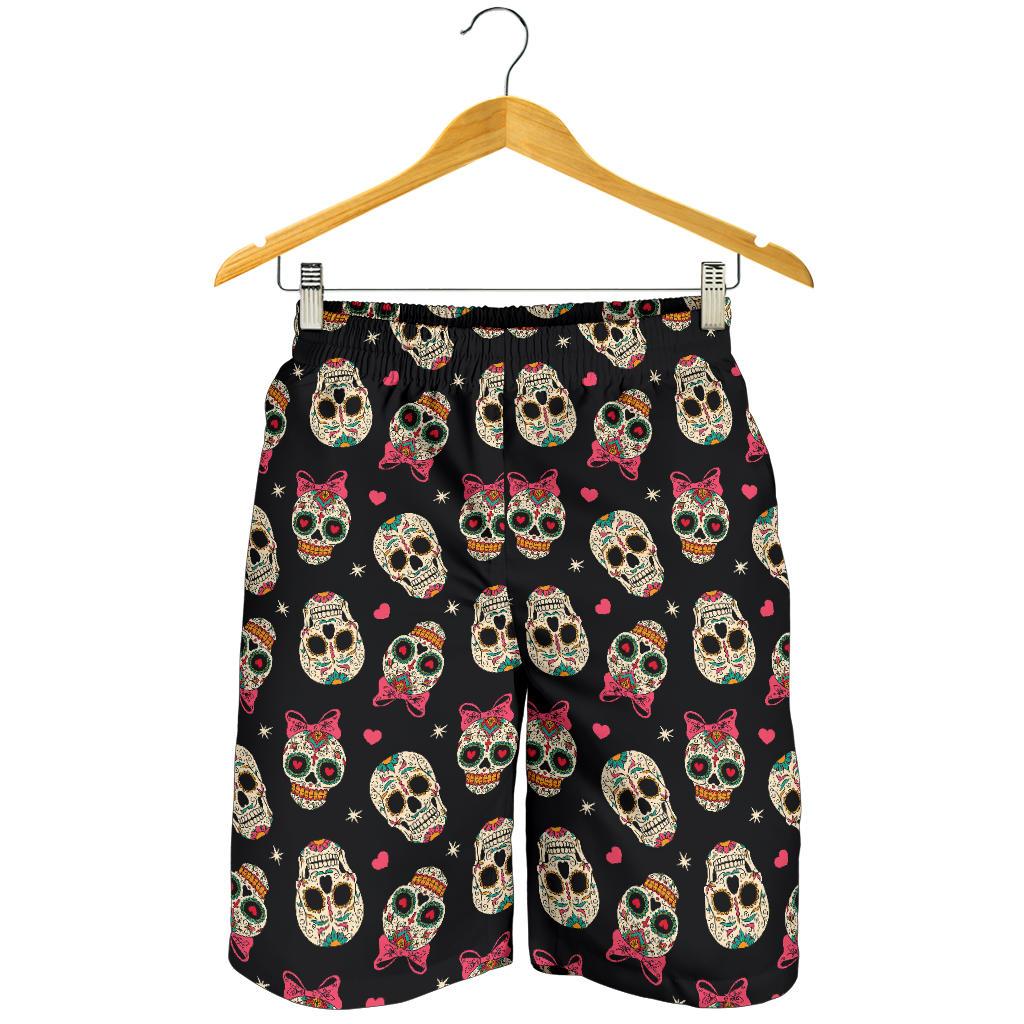 Sugar Skull Pink Bow Themed Print Mens Shorts-JTAMIGO.COM