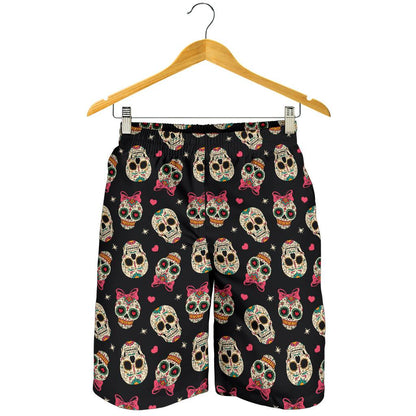Sugar Skull Pink Bow Themed Print Mens Shorts-JTAMIGO.COM