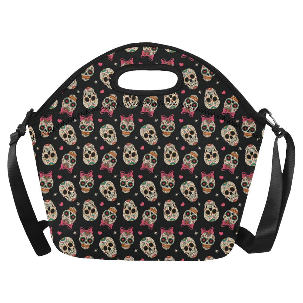 Sugar Skull Pink Bow Themed Print Neoprene Lunch Bag (Model 1669)(Large)-JTAMIGO.COM