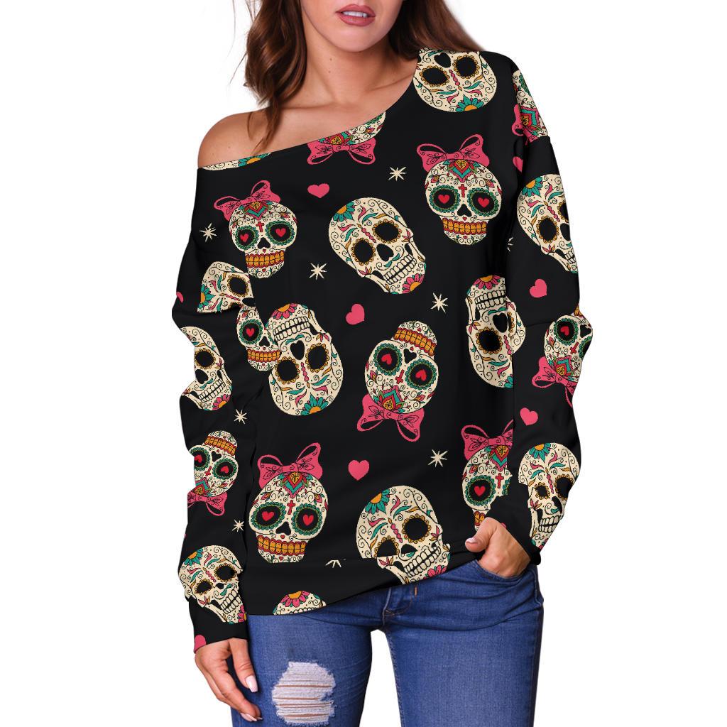 Sugar Skull Pink Bow Themed Print Off Shoulder Sweatshirt