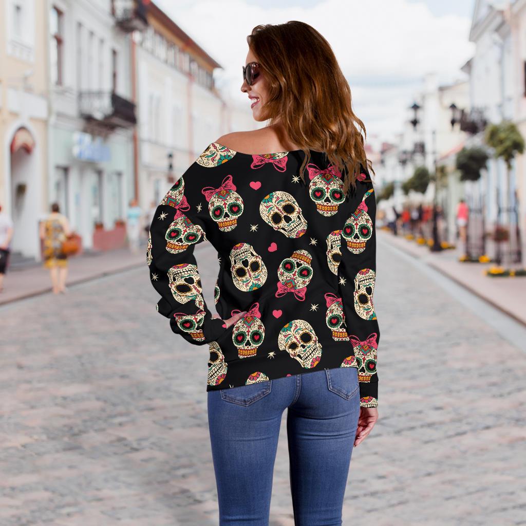 Sugar Skull Pink Bow Themed Print Off Shoulder Sweatshirt