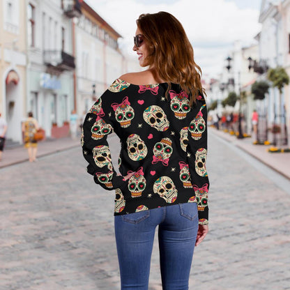 Sugar Skull Pink Bow Themed Print Off Shoulder Sweatshirt
