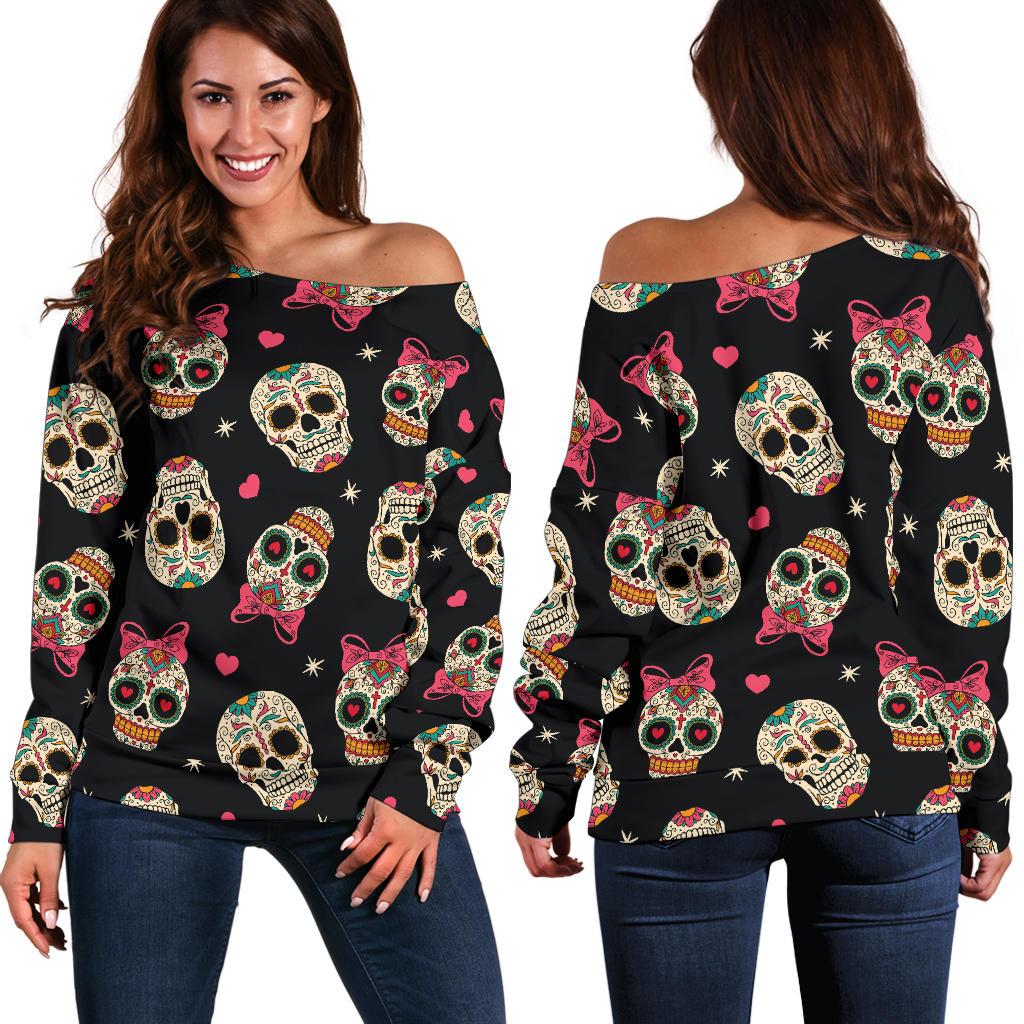 Sugar Skull Pink Bow Themed Print Off Shoulder Sweatshirt