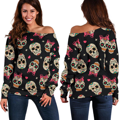 Sugar Skull Pink Bow Themed Print Off Shoulder Sweatshirt