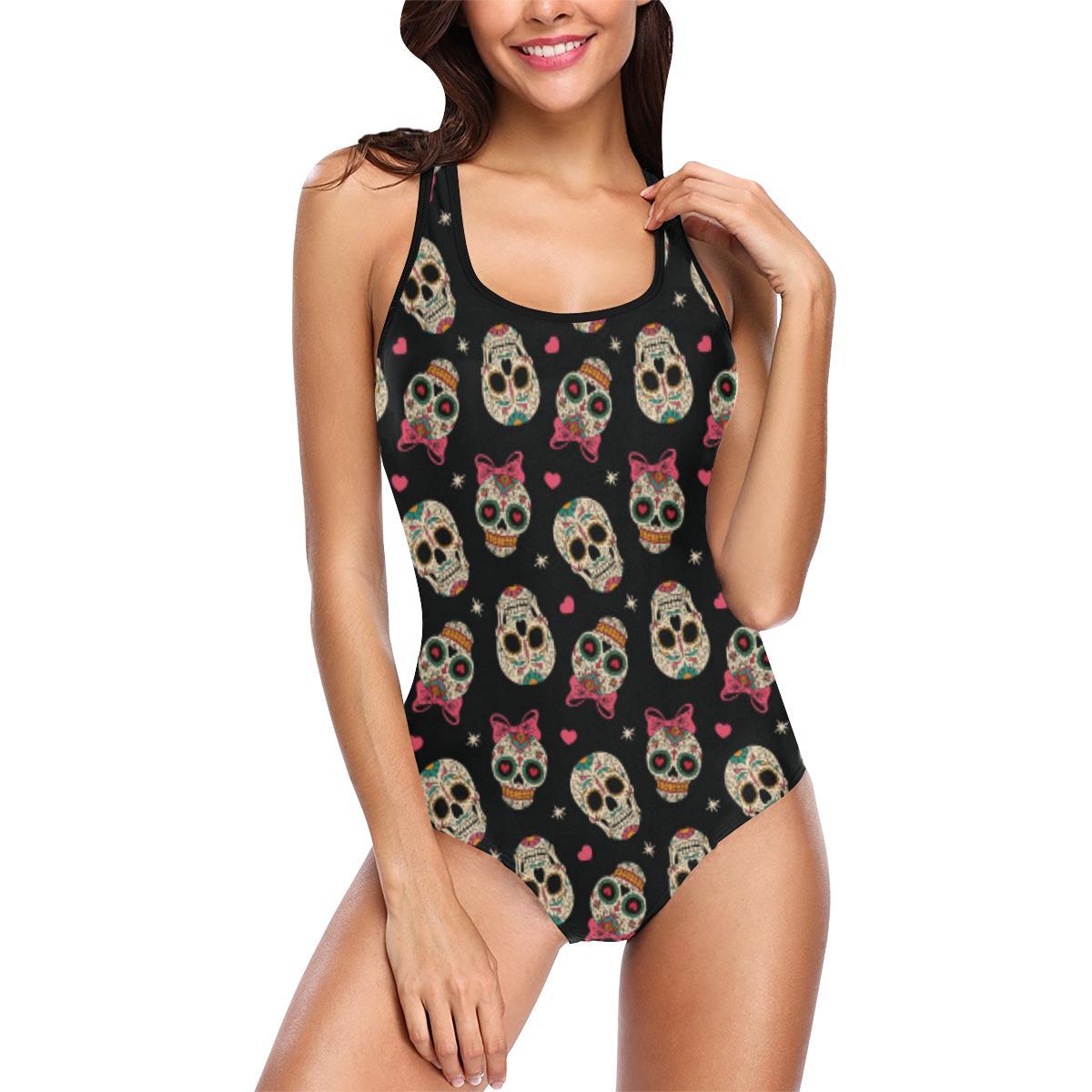 Sugar Skull Pink Bow Themed Print One Piece Swimsuit-JTAMIGO.COM