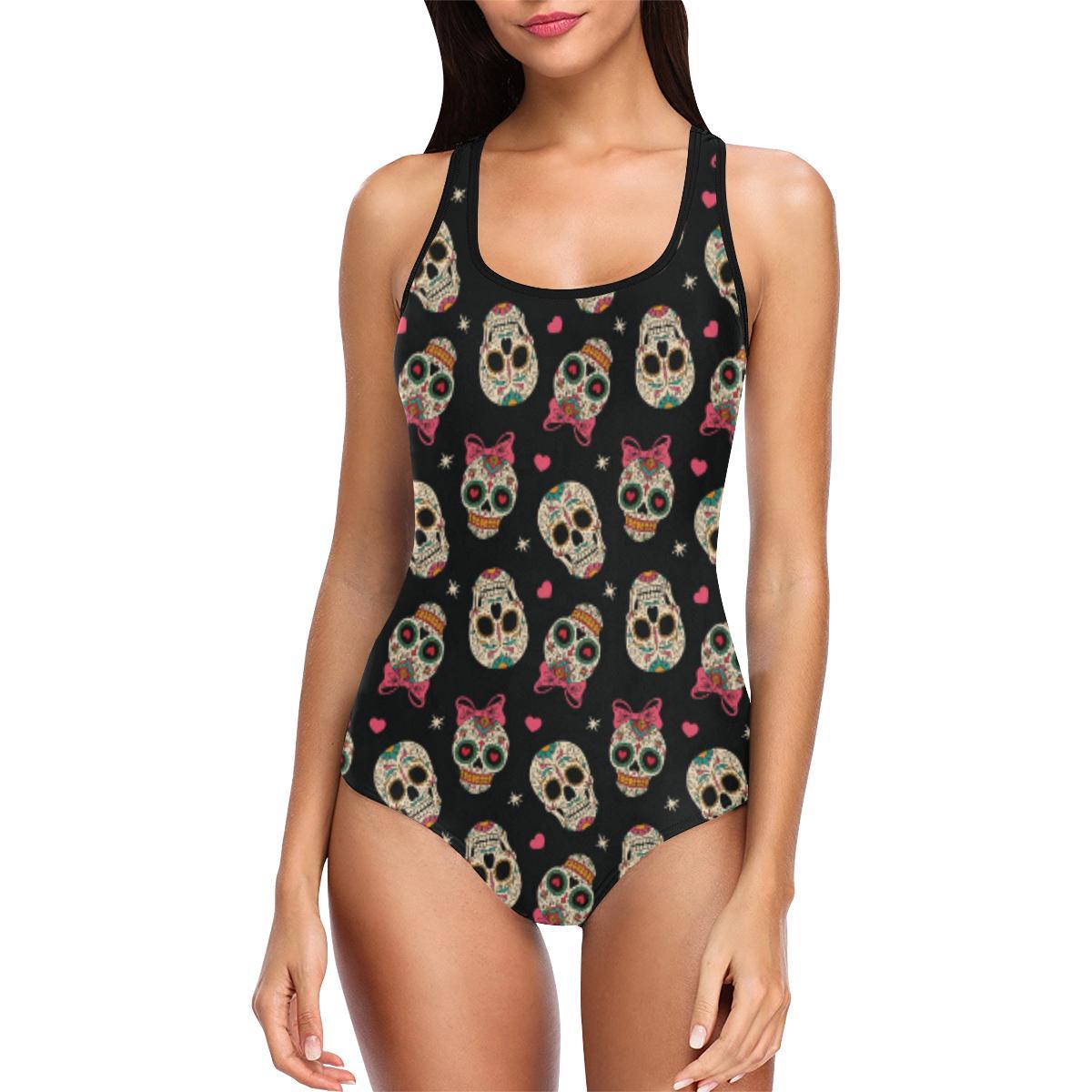 Sugar Skull Pink Bow Themed Print One Piece Swimsuit-JTAMIGO.COM