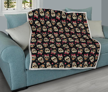 Sugar Skull Pink Bow Themed Print Premium Quilt-JTAMIGO.COM
