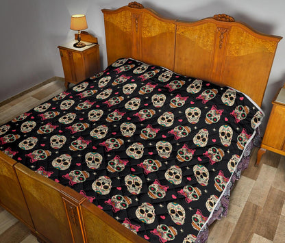 Sugar Skull Pink Bow Themed Print Premium Quilt-JTAMIGO.COM