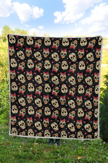 Sugar Skull Pink Bow Themed Print Premium Quilt-JTAMIGO.COM