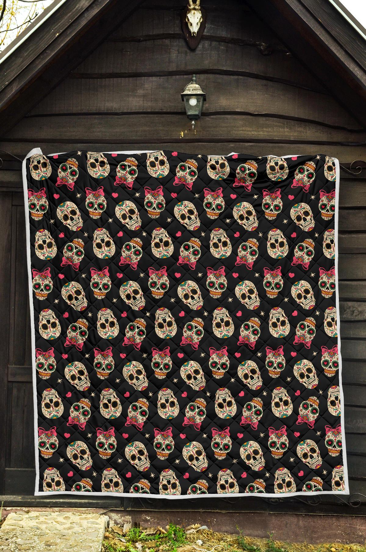 Sugar Skull Pink Bow Themed Print Premium Quilt-JTAMIGO.COM