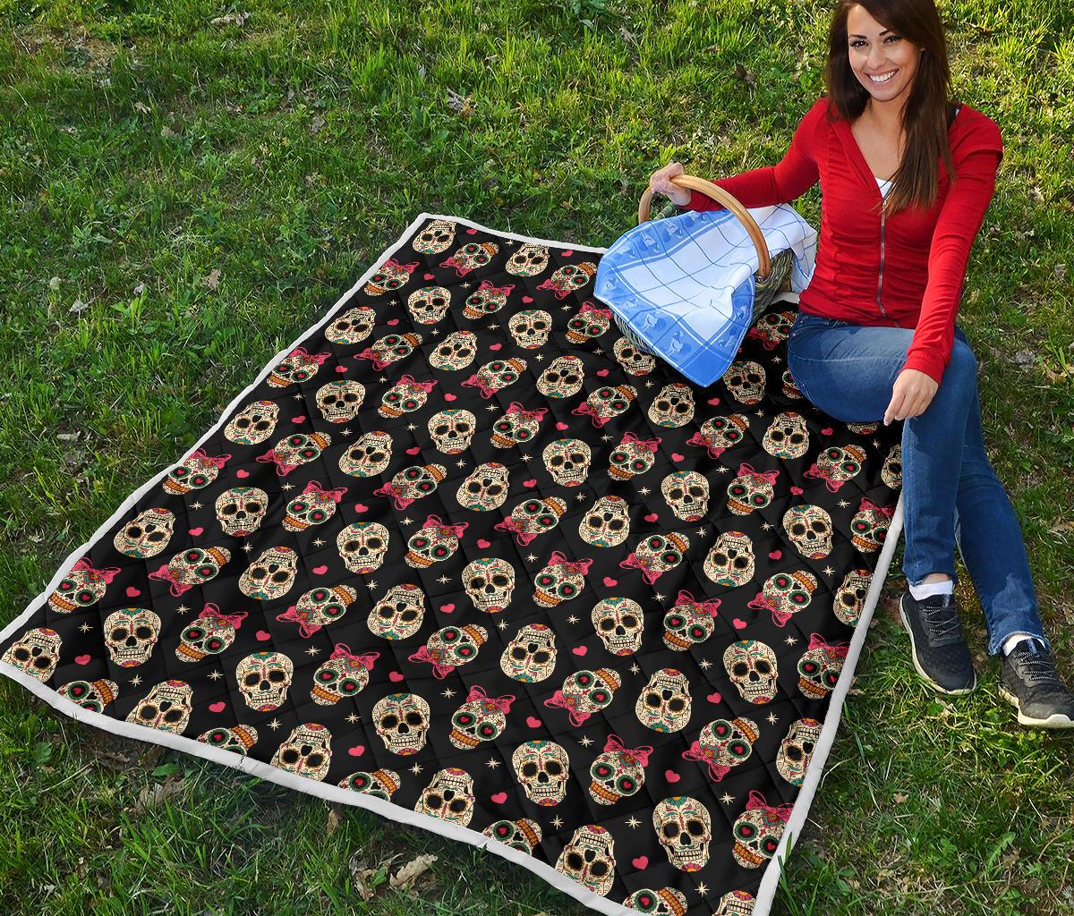 Sugar Skull Pink Bow Themed Print Premium Quilt-JTAMIGO.COM