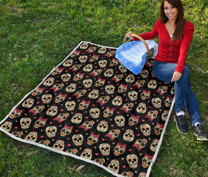 Sugar Skull Pink Bow Themed Print Premium Quilt-JTAMIGO.COM