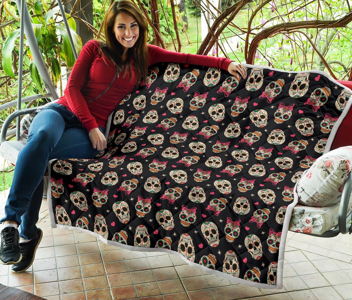 Sugar Skull Pink Bow Themed Print Premium Quilt-JTAMIGO.COM