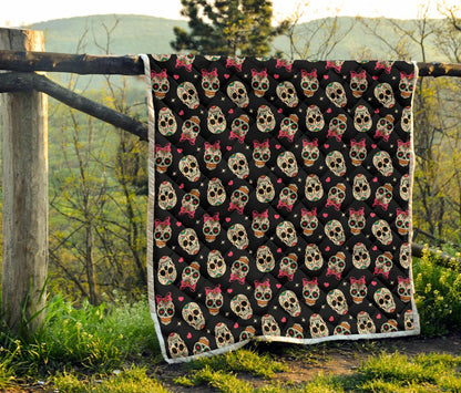 Sugar Skull Pink Bow Themed Print Premium Quilt-JTAMIGO.COM