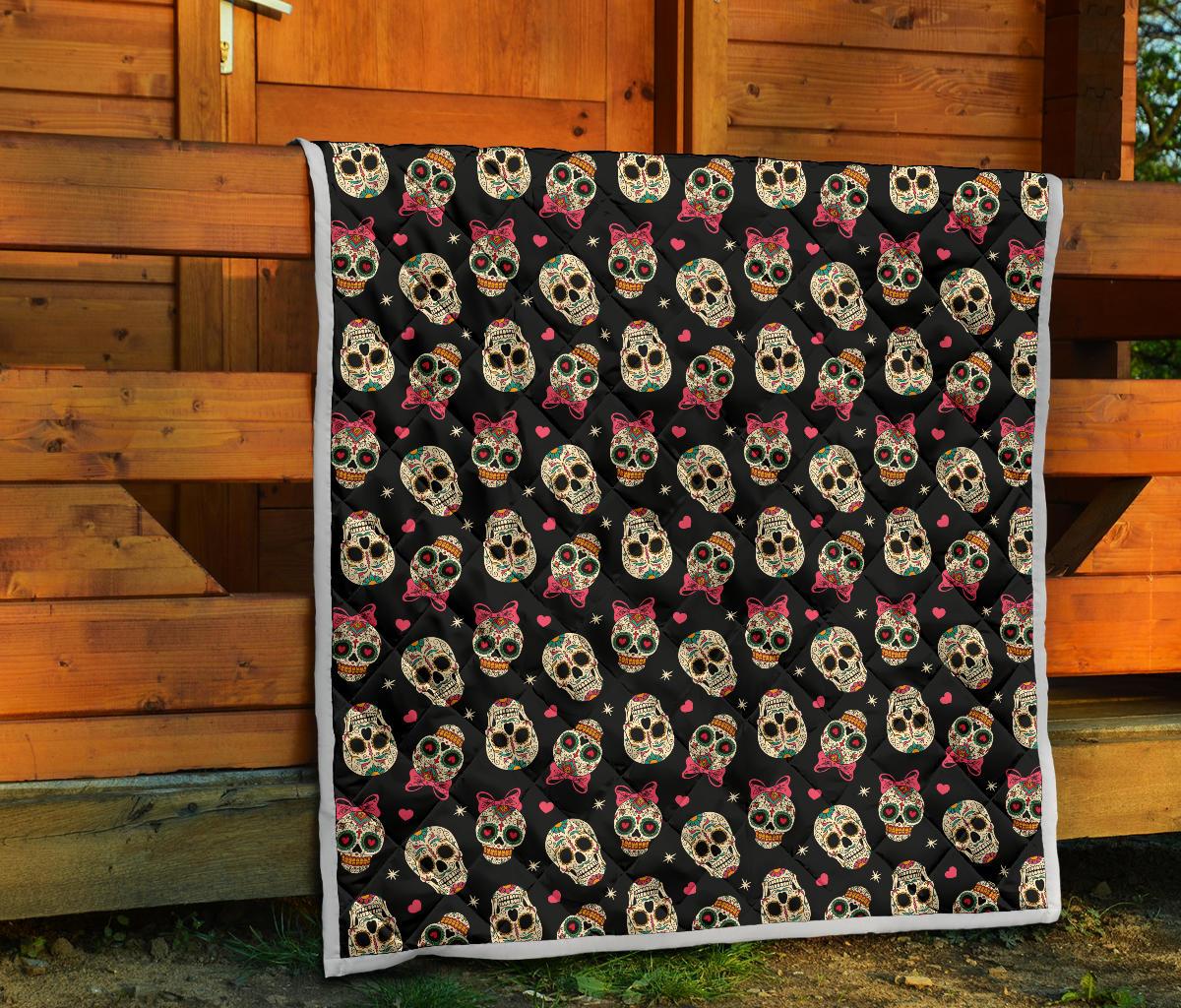 Sugar Skull Pink Bow Themed Print Premium Quilt-JTAMIGO.COM
