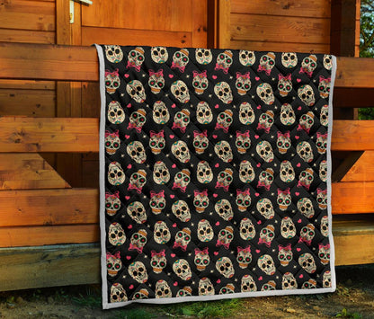 Sugar Skull Pink Bow Themed Print Premium Quilt-JTAMIGO.COM