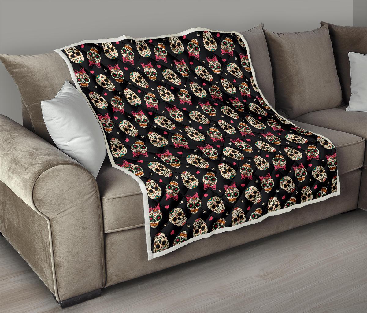 Sugar Skull Pink Bow Themed Print Premium Quilt-JTAMIGO.COM