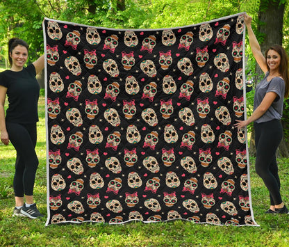 Sugar Skull Pink Bow Themed Print Premium Quilt-JTAMIGO.COM
