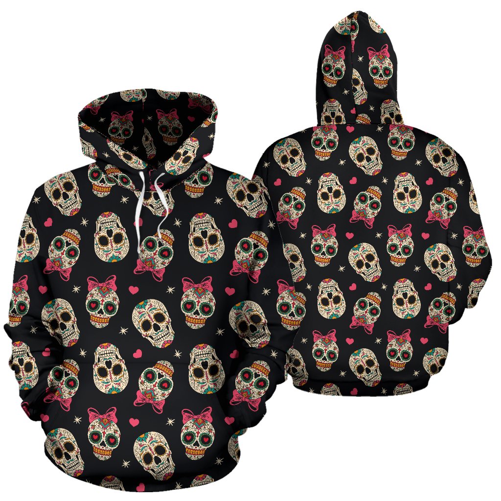 Sugar Skull Pink Bow Themed Print Pullover Hoodie
