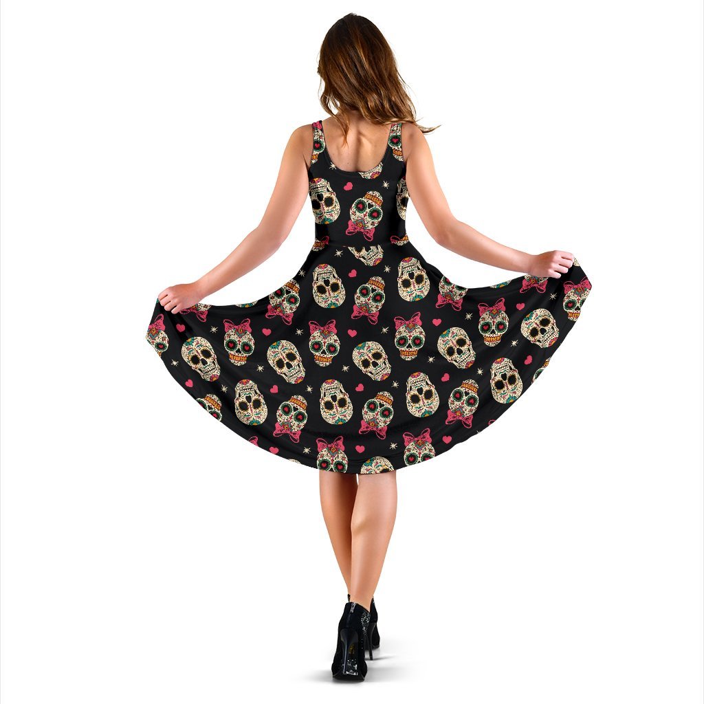 Sugar Skull Pink Bow Themed Print Sleeveless Dress