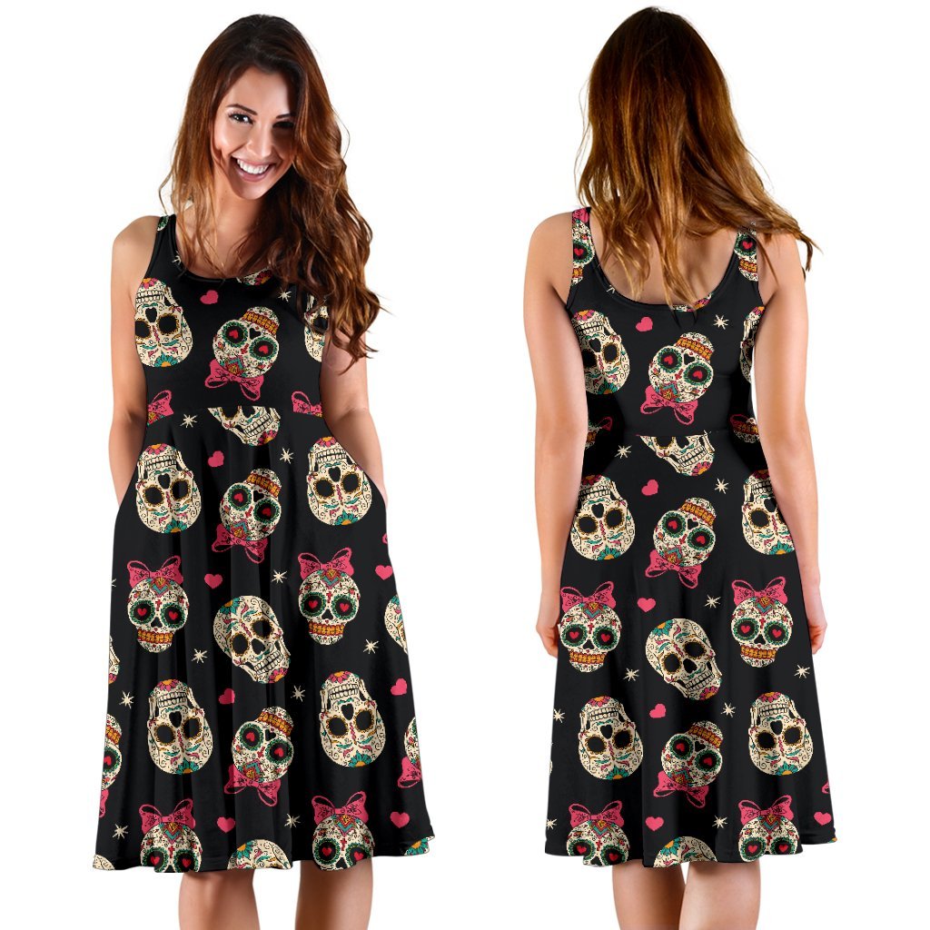 Sugar Skull Pink Bow Themed Print Sleeveless Dress