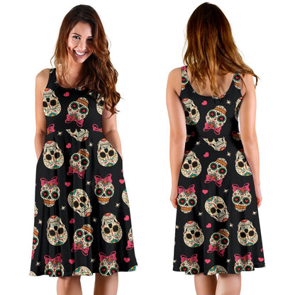 Sugar Skull Pink Bow Themed Print Sleeveless Dress