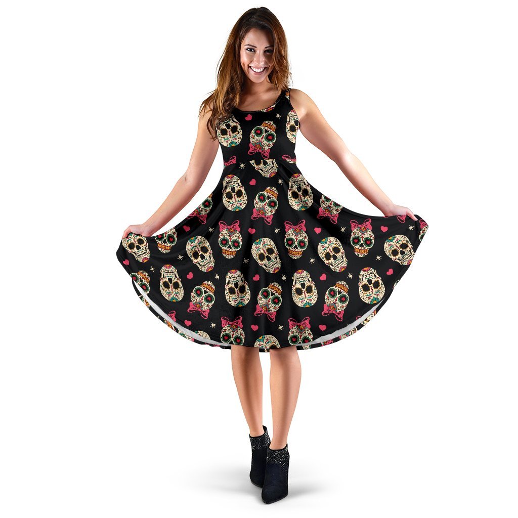 Sugar Skull Pink Bow Themed Print Sleeveless Dress