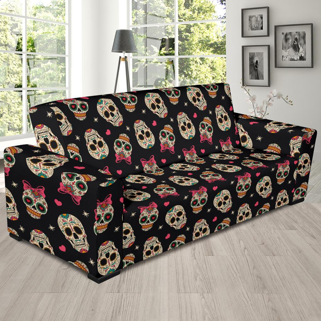 Sugar Skull Pink Bow Themed Print Sofa Slipcover-JTAMIGO.COM