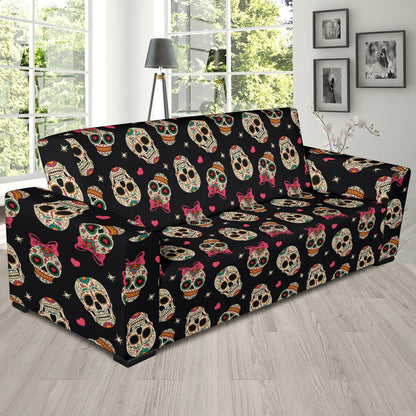 Sugar Skull Pink Bow Themed Print Sofa Slipcover-JTAMIGO.COM