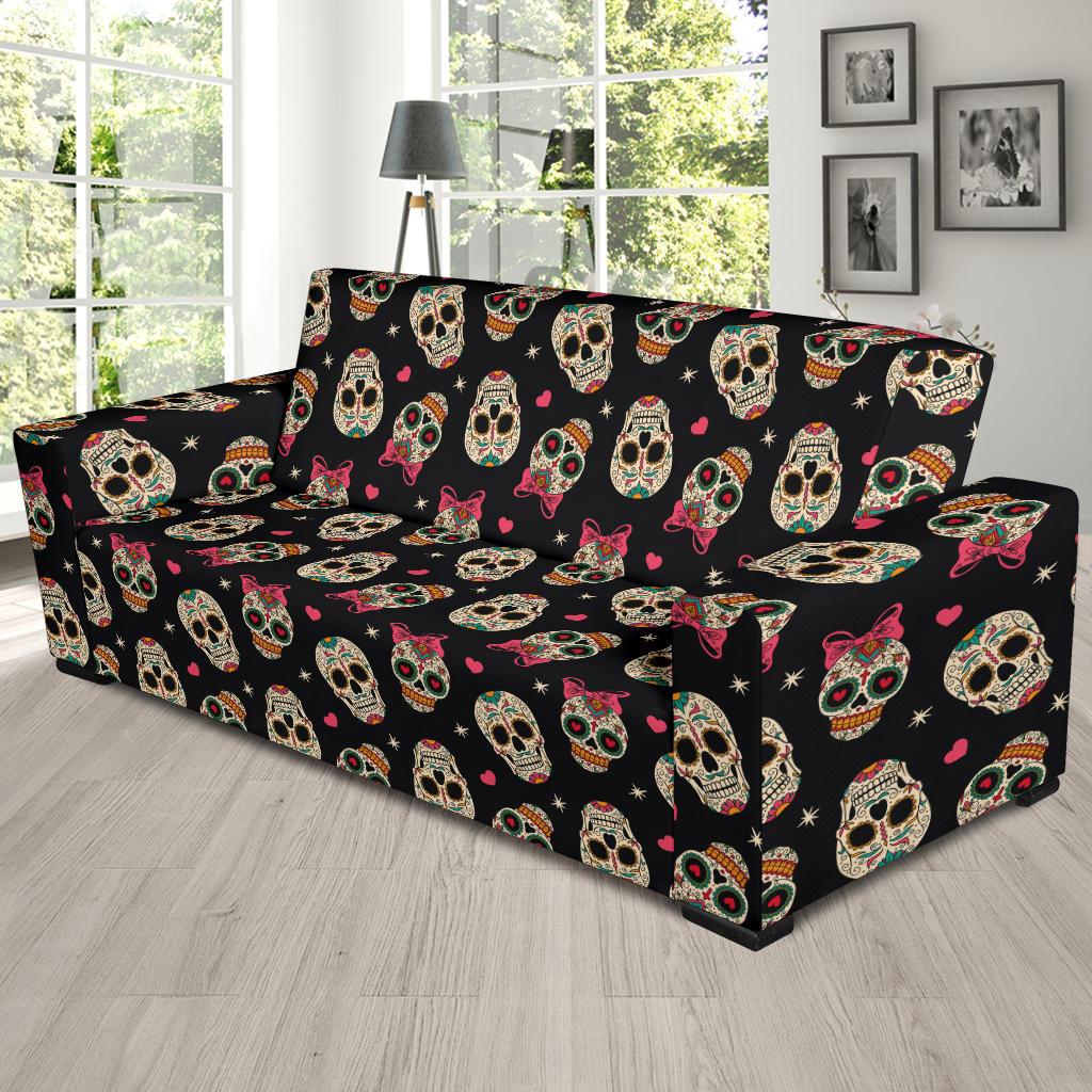 Sugar Skull Pink Bow Themed Print Sofa Slipcover-JTAMIGO.COM