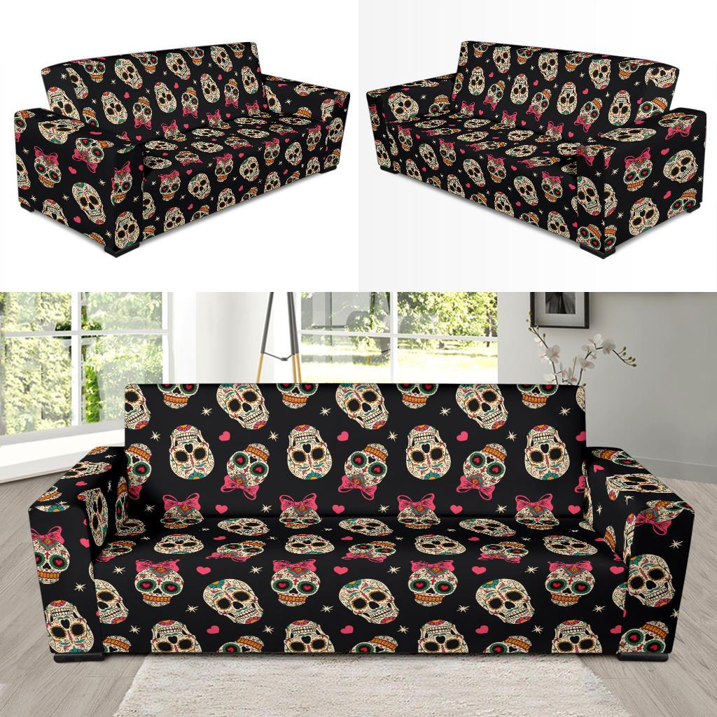Sugar Skull Pink Bow Themed Print Sofa Slipcover-JTAMIGO.COM