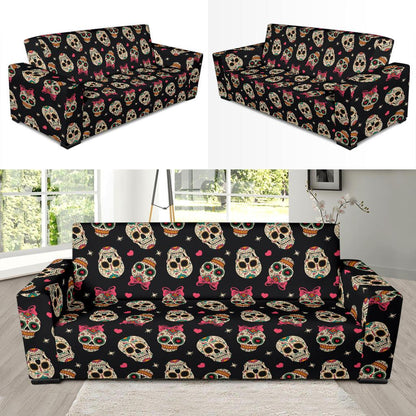 Sugar Skull Pink Bow Themed Print Sofa Slipcover-JTAMIGO.COM